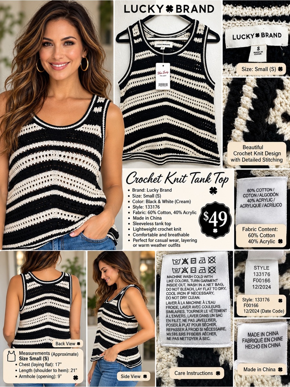 Lucky Brand Black and Cream Crochet Tank Top